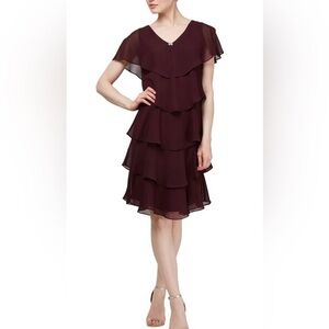 SLNY Plum Tiered Chiffon Dress Size 16 Wedding Guest Mother of Bride